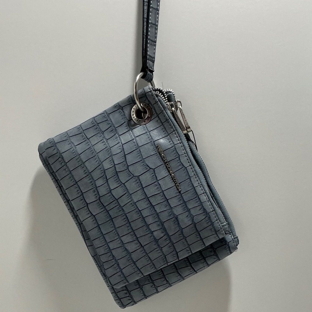 French Connection 3-in-1 Croc Wristlet Pouch Set Denim Blue Silver Tone Logo NEW